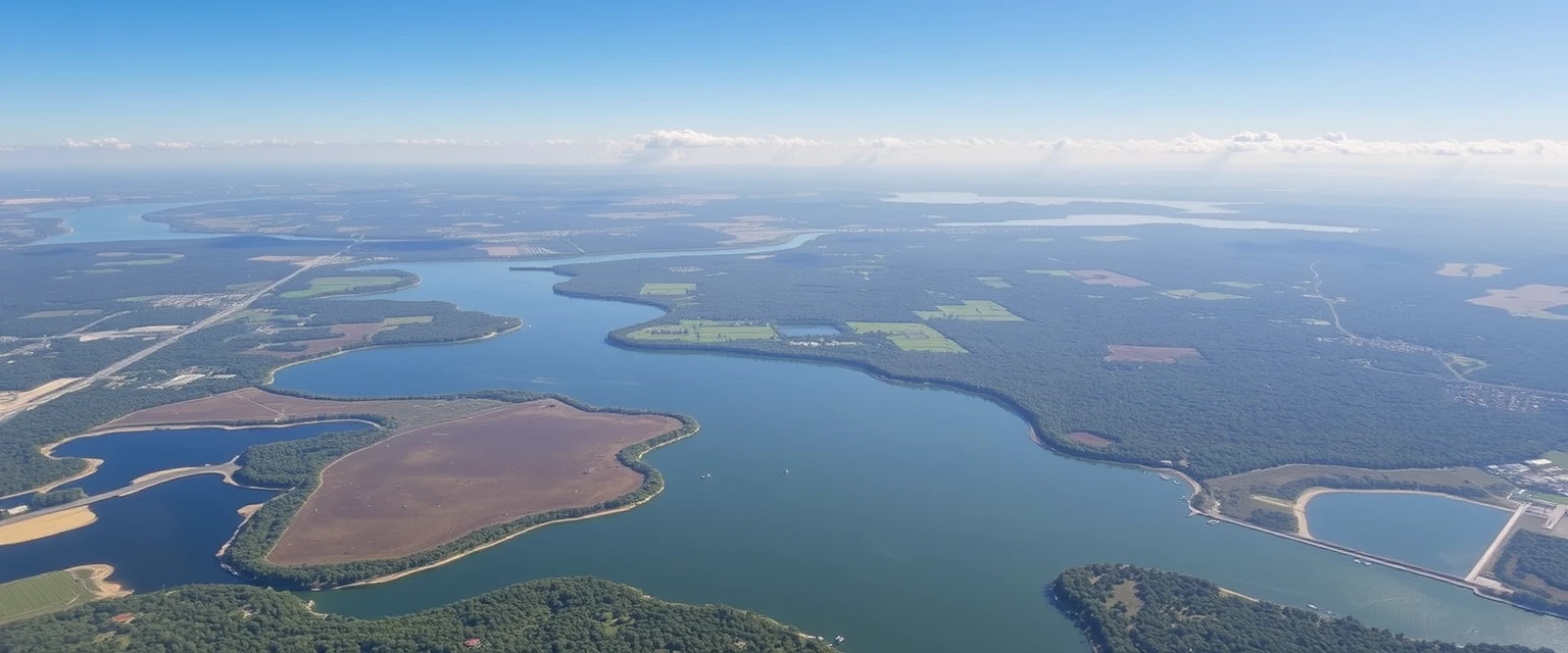 Vista aérea de un parque ecológico con senderos, lagos y áreas verdes